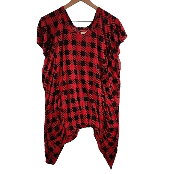 Torn by Ronny Kobo Red Check Plaid Flutter Sleeve Tunic Top Oversized sz Sm‎ - Picture 1 of 11